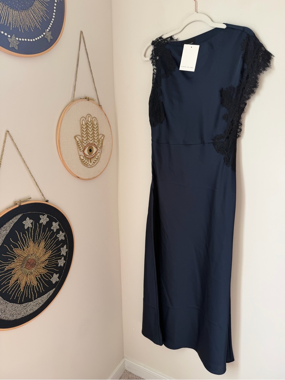 Navy blue black lace trim Midi Dress